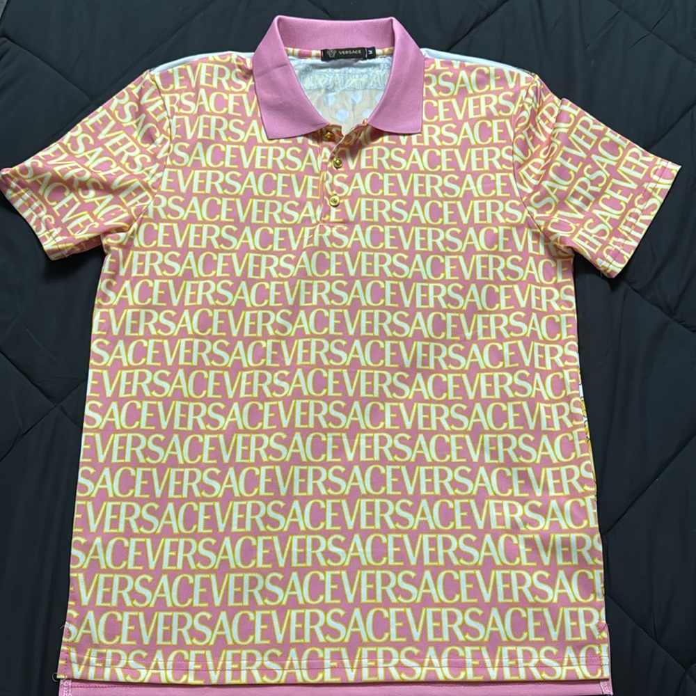 Versace pink & yellow allover polo - Picture 2 of 5